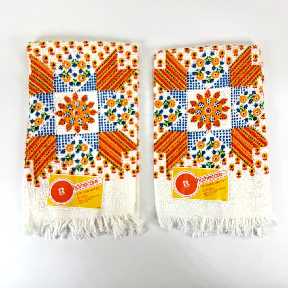 Vintage Riegel Kitchen Mates Patchwork Floral Kitchen Towels Set 2 Fringe